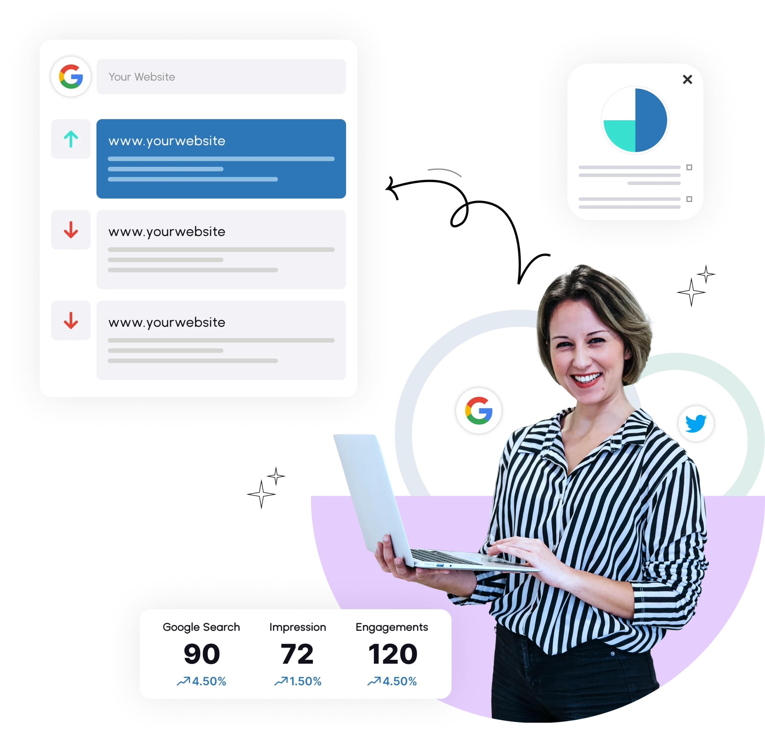 SEO Services illustration showing lady smiling as her businesses search results get better over time