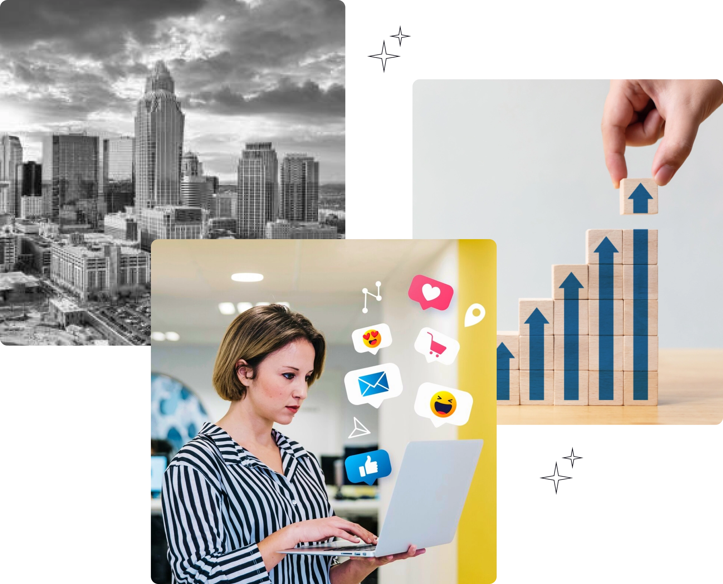 Collage of images showing Charlotte, our digital marketing team, and the growth of a clients business