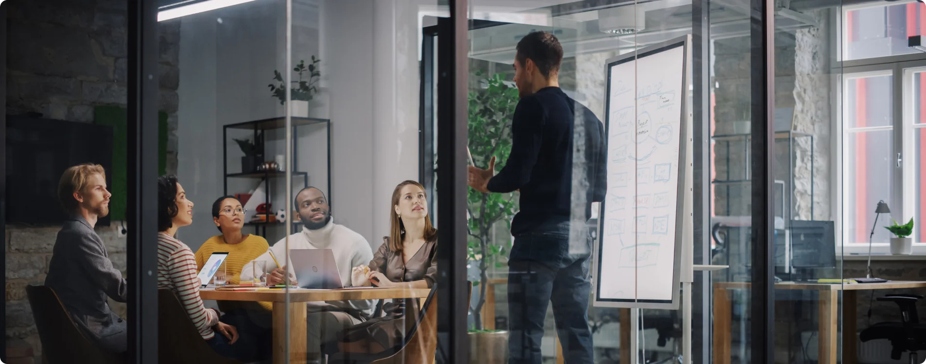 BEND team sitting down in room discussing client project