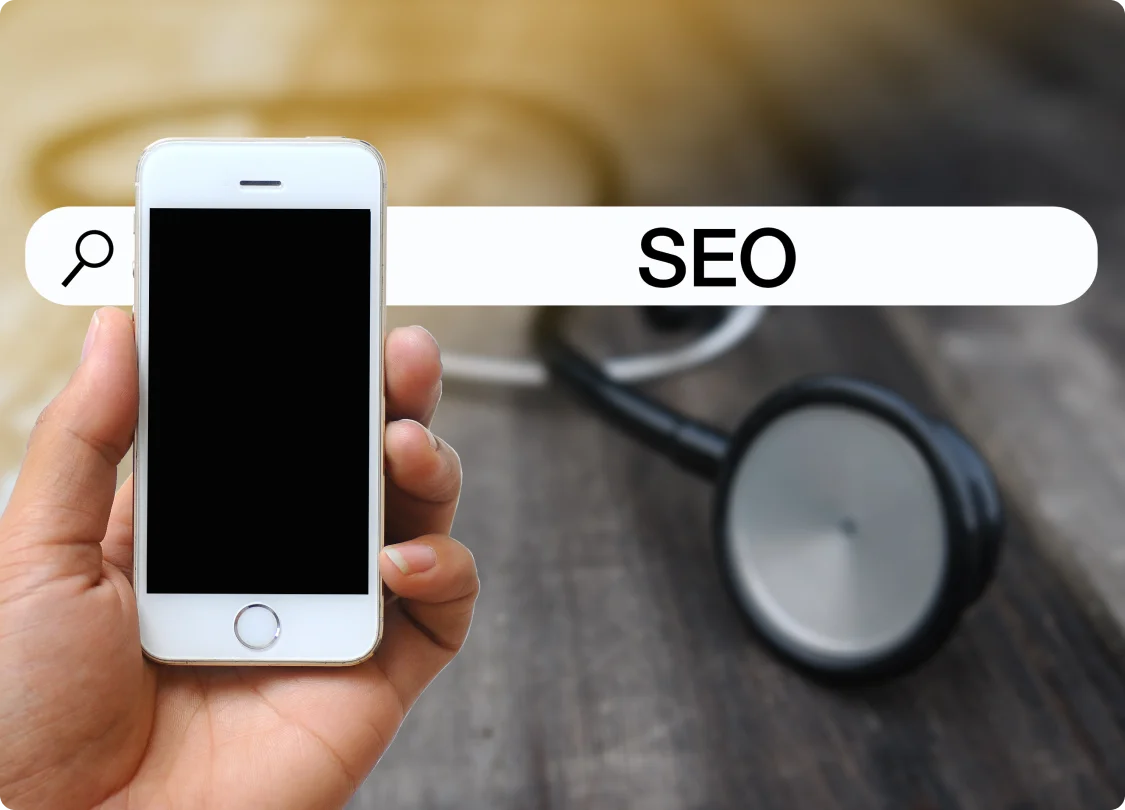 SEO Health Check Monitoring being conducted on mobile phone with doctors utensils behind it